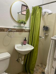 a bathroom with a green shower curtain and a sink at Cozy Cabin in Santa Tecla, 25 mins from surf city in Nueva San Salvador
