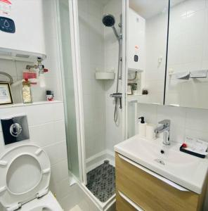 een badkamer met een douche, een toilet en een wastafel bij Le Mini SweetHome - Bobigny- Porte de Paris in Bobigny