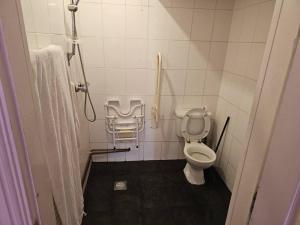 Baño pequeño con aseo en una cabina en Available rooms at Buckingham road en Doncaster