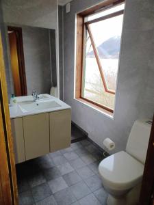 a bathroom with a toilet and a sink and a window at Lake View Holiday Rooms in Årdal