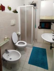 uma casa de banho com um WC, um lavatório e um chuveiro em la melagrana rossa em Quattro Castella
