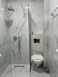 a bathroom with a shower and a toilet at Summer Gate Hotel in Ksamil