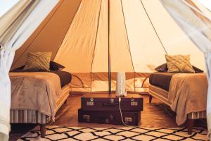 una tenda con due letti e una valigia in una stanza di The Glamping Spot - Douarnenez a Plonévez-Porzay