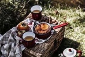stolik piknikowy z dwoma filiżankami kawy i jedzeniem w obiekcie The Fox Den w mieście Delta