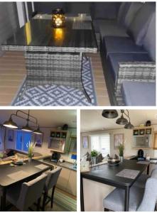 deux photos d'une cuisine et d'une salle à manger dans l'établissement LODGE SEA VIEW On the beach signature gold Hafan y Mor North Wales LL53 6HX, à Chwilog 34 autres photos