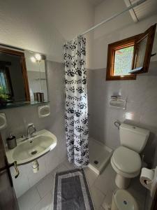 a bathroom with a toilet a sink and a shower curtain at Λευκή Καμέλια in Anilio Pelion