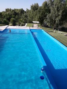 una gran piscina azul con una persona. en Jardines del Atuel en Valle Grande