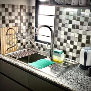 um lavatório de cozinha com um suporte para secar pratos em Quiet Nest Homes em Tatu City