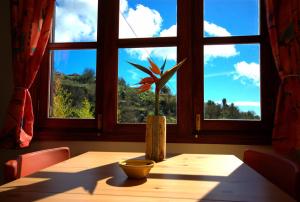 CasaquemadaにあるCasa Visioneros Tijarafe LaPalmaの窓前の鉢植えのテーブル