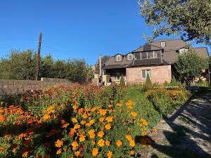 una casa con un campo de flores delante de ella en Stone Art Guest House & Camping en Pemzashen