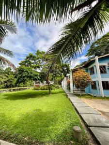 een tuin met een palmboom voor een huis bij Apartamento Sogno D' Estate in Porto Seguro