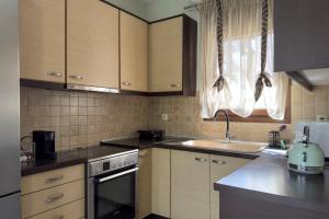 a kitchen with wooden cabinets and a sink at Villa Bellissimo in Skala Potamias +56 photos