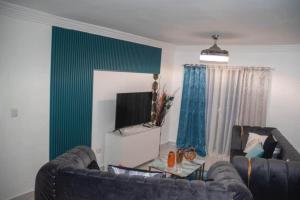 ein Wohnzimmer mit 2 Sofas und einem Flachbild-TV in der Unterkunft LES RÉSIDENCES ROYAL LUXE 3a in Cancino