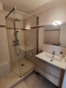 a bathroom with a shower and a sink at Lido, private apartment seaside, parking, swimming pool close to Nice in Cagnes-sur-Mer