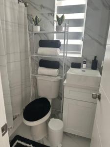 a white bathroom with a toilet and a sink at VillaClara Studio-Little Havana in Miami