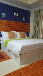 a bedroom with a large bed with a blue wall at Finimas Residence in Thimarafushi