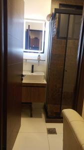 een kleine badkamer met een wastafel en een spiegel bij Hermoso y céntrico in Cochabamba
