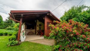 a small wooden cabin with a patio in a yard at Apartments with a parking space Mrkopalj, Gorski kotar - 19212 in Mrkopalj