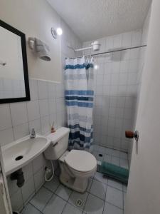 een badkamer met een toilet, een wastafel en een douche bij RoBe Apartmento in Bogota