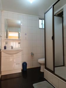 ein Badezimmer mit einem Waschbecken, einem WC und einem Spiegel in der Unterkunft HOSTAL EL VALLE in Angol