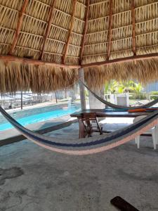 a hammock in a straw hut next to a swimming pool at Casa Villa Pesca in Monterrico