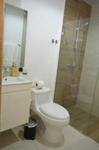 a white bathroom with a toilet and a shower at Apartamento Marla Comodo y cerca del aeropuerto in Santo Domingo