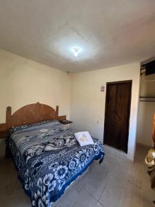 een slaapkamer met een bed met een blauw dekbed bij Hotel Casa De Los Abuelos in Bernal