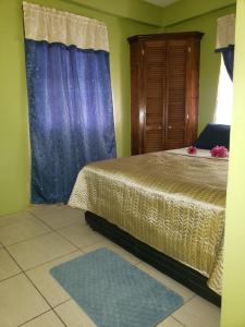 a bedroom with a bed and blue curtains at Sk SHaven #2 in Castries
