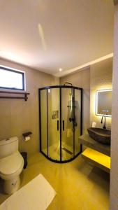 uma casa de banho com um chuveiro, um WC e um lavatório. em Go Boutique Inn em Puerto Princesa