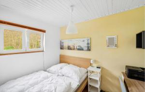 Schlafzimmer mit einem Bett und einem Fenster in der Unterkunft Ferienhaus Seeigel I in Süssau
