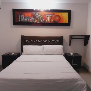 1 dormitorio con 1 cama y una pintura en la pared en HOTEL SARACHUY VALLEDUPAR, en Valledupar