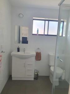 a bathroom with a white sink and a toilet at Tranquil Studio Apartment Just 3km from Port Pirie in Port Pirie