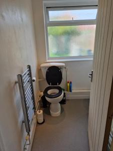 a small bathroom with a toilet with a window at Cosy Hadleigh in Hadleigh