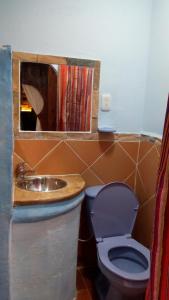 La salle de bains est pourvue de toilettes, d'un lavabo et d'un miroir. dans l'établissement VIEJA ADUANA HOSTAL, à Zipaquirá