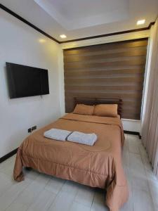 a bedroom with a bed and a flat screen tv at D' Mangrove Staycation in Baclayon