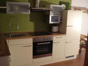 cocina con fogones, fregadero y microondas en Türnau Modern retreat, en WÃ¶lpinghausen