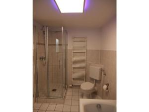 a bathroom with a shower and a toilet and a sink at Townhouse Modern Retreat in Mellrichstadt +25 photos