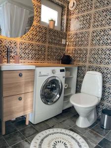 ein Badezimmer mit einer Waschmaschine und einem WC in der Unterkunft Attefallshus. in Västervik