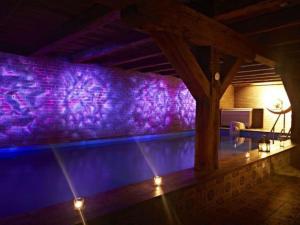 ein Zimmer mit einer lila Steinwand mit Licht in der Unterkunft with tower Modern retreat in Scheinfeld