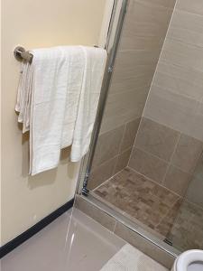 La salle de bains est pourvue d'une douche et de serviettes blanches. dans l'établissement Sky View Villas @ Edmund Ridge Estate, à Montego Bay