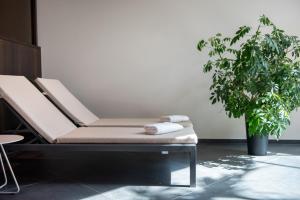 a bench in a room with a potted plant at Hotel Ladurner in Merano
