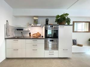a kitchen with white cabinets and a sink at Zentrales Innenstadt Studio mit Garage in Stuttgart