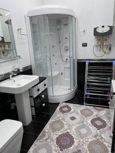 uma casa de banho com um chuveiro e um lavatório. em Almotrudiy apartament em Samarkand