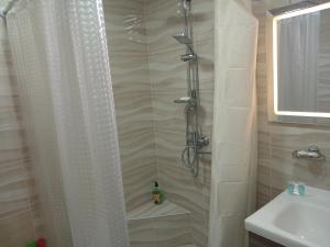 uma casa de banho com um chuveiro e um lavatório. em Guest house Nano em Martvili
