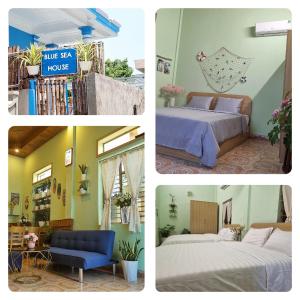 a collage of three pictures of a room with two beds at Blue Sea House Quảng Bình - Căn hộ 2 phòng ngủ, phòng khách và phòng bếp in Dong Hoi
