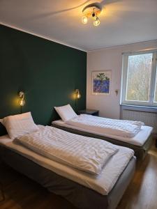 two beds in a bedroom with a green wall at Nature Shelter Hotel in Åsljunga