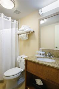 een badkamer met een toilet, een wastafel en een spiegel bij Holiday Inn Express Philadelphia Airport, an IHG Hotel in Essington