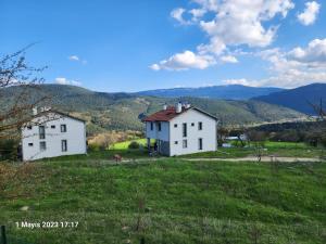 duas casas brancas num campo com montanhas ao fundo em VILLA LUX BOLU ABANT - CENTER بولو تركيا منظر جميل فيلا للإيجار em Yenicefelekettin