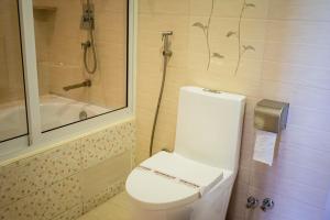 a bathroom with a white toilet and a shower at ZAN Lodge in Male City