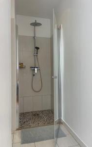 een douche met een glazen deur in de badkamer bij Les marguerites in Vers Pont du Gard